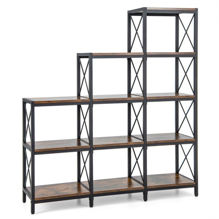 Hivvago 9 Cubes Bookcase with Carbon Steel Frame for Home Office-Rustic Brown