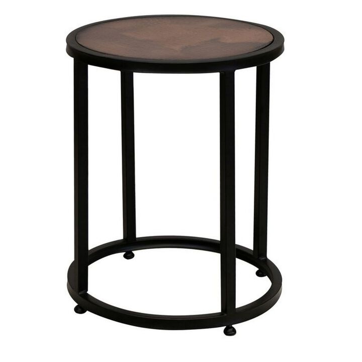 Benjara Berry 24 Inch Side End Table, Round Top, Caster Wheels, Metal, Black, Copper and Brown