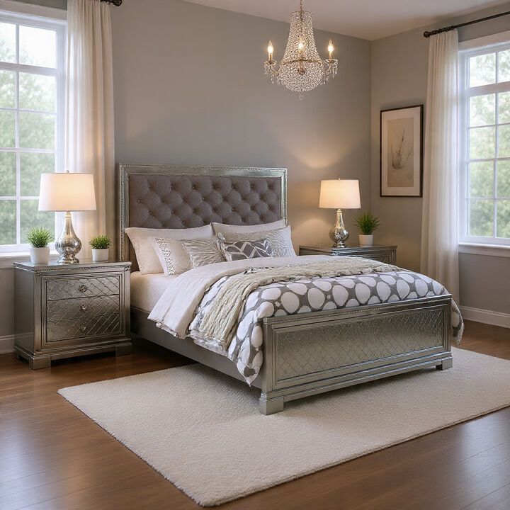 3-Piece Queen Bedroom Set &ndash; Silver Finish Bed & Matching Nightstand