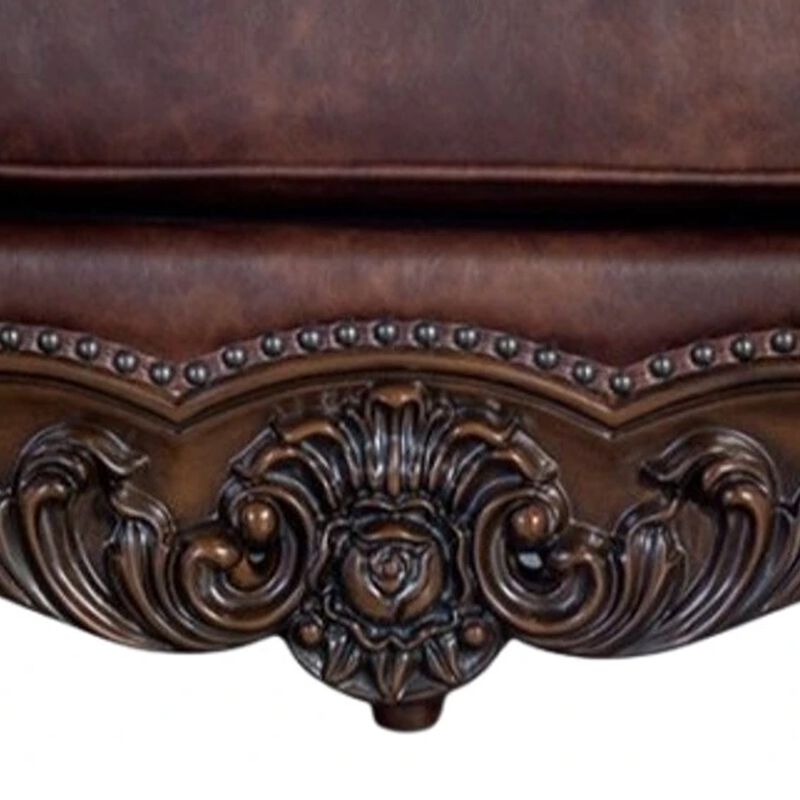 Puhi Sofa, Brown Faux Leather, Ornate Carved Dark Cherry Wood, 95 Inch image number 2