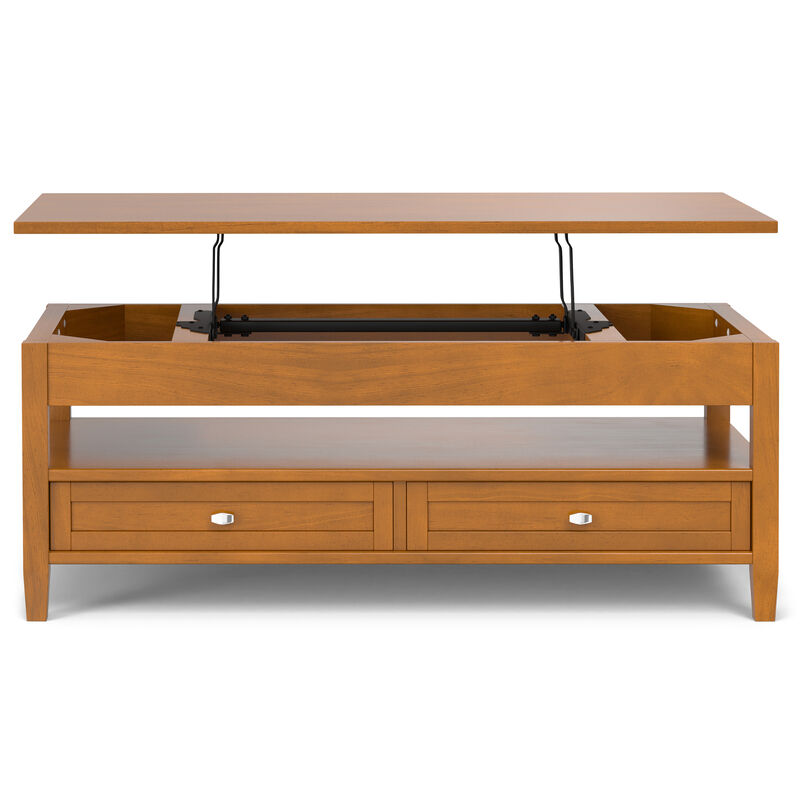 Warm Shaker SOLID WOOD 48 inch Wide Rectangle Transitional Lift Top Coffee Table in Light Golden Brown