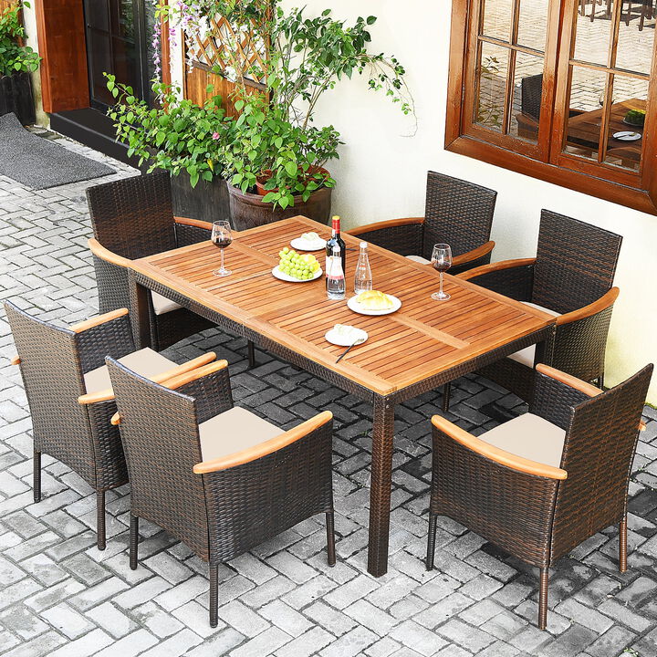 MONDAWE 7-Piece Rattan Wicker Outdoor Patio Dining Set with Cushions, Black/Beige..