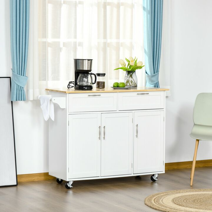 White Kitchen Cart: Portable Island with Rubberwood Top and Drawers