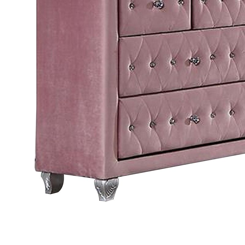 Benjara Zoha 59 Inch Wide Dresser Chest, 7 Drawer, Solid Wood, Upholstery, Pink and Silver