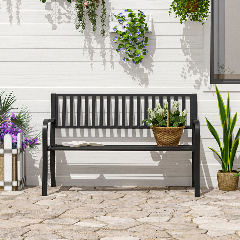 Outsunny 50" Outdoor Garden Bench, Patio Bench with Slatted Seat, Metal Porch Bench for Backyard, Poolside, Lawn, Black