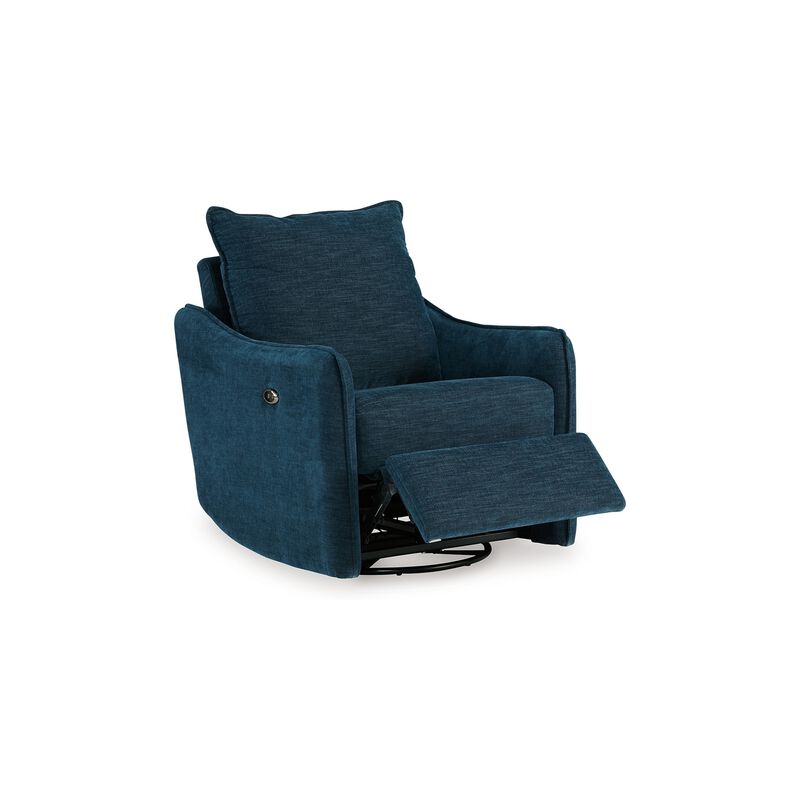 Bradley Swivel Power Recliner Chair, Dark Blue Polyester, Pillow Back - Benzara