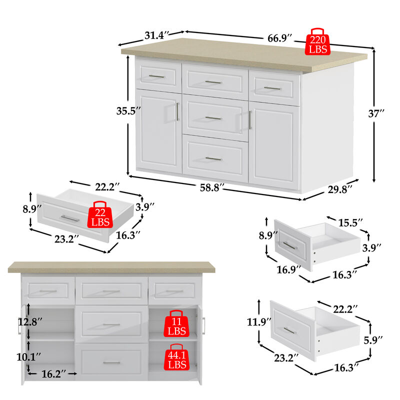 FUFU&GAGA White Paint Finish Kitchen Island with 5 Drawers 2 Doors Adjustable Shelves Silver Handles 66.9''L × 31.4''W × 37''H