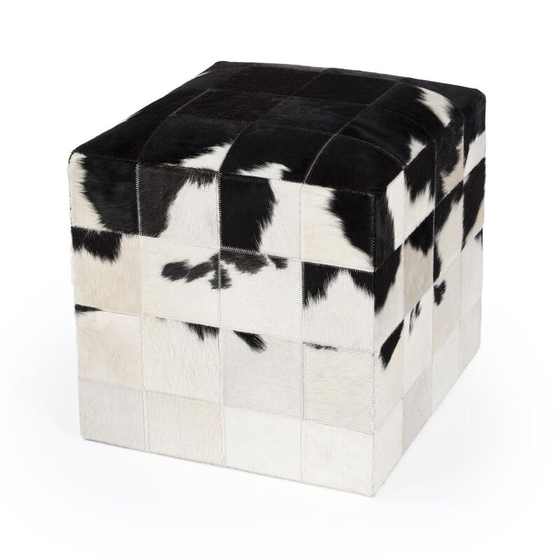 Butler Specialty Victorian Hair on Hide Cube Ottoman, Black and White image number 0