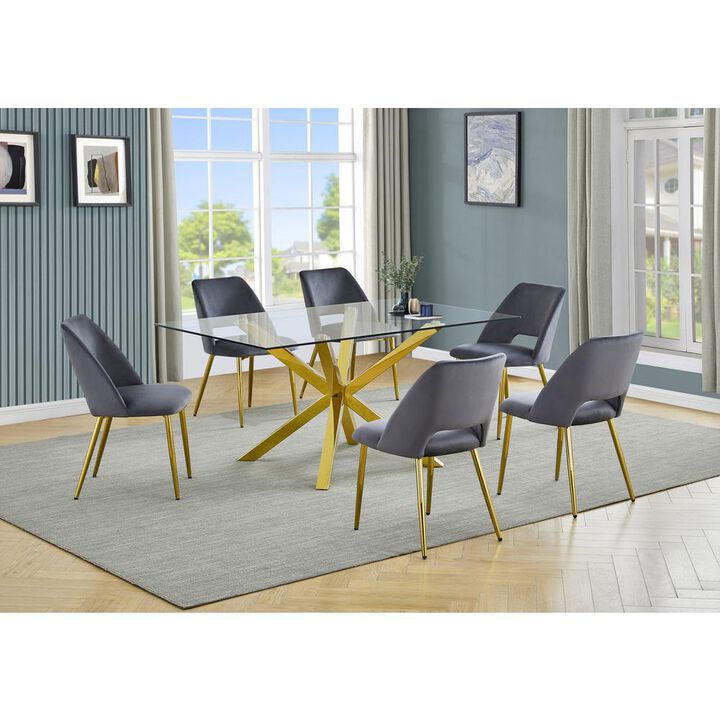 Best Quality Furniture 7pc modern glass dining table with 6 Dark grey side chairs