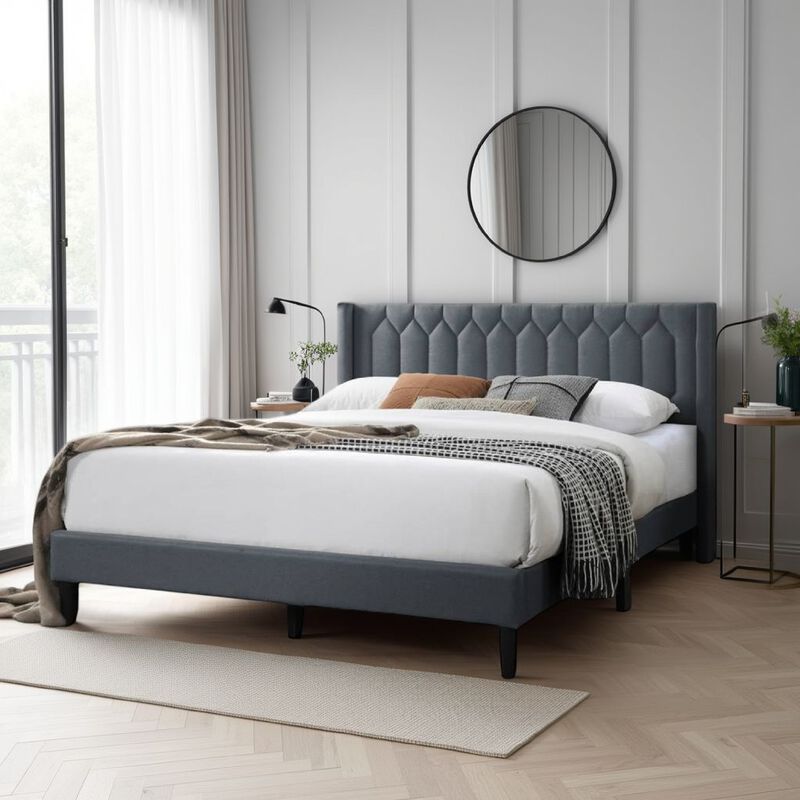 Jeo Queen Size Bed, Geometric Stitched Charcoal Gray Burlap Upholstery - Benzara