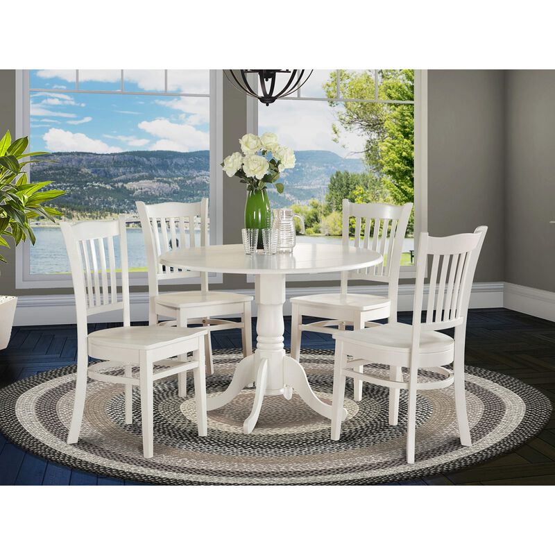 East West Furniture 5 Piece Kitchen Table & Chairs Set Includes a Round Dining Room Table with Dropleaf and 4 Dining Chairs, 42x42 Inch, Linen White