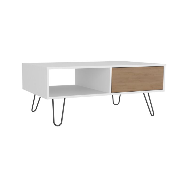 Ranlo Coffee Table, 1 Drawer, 1 Shelf, White / Natural Oak