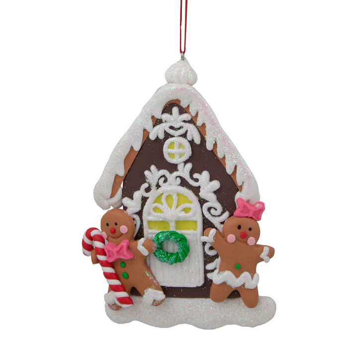 5" Glittered Gingerbread House with Snowman Couple Christmas Ornament