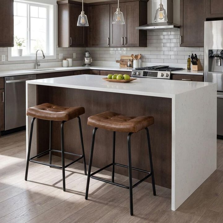 HomeRoots Set of Two Faux Leather and Metal Counter Height Bar Chairs