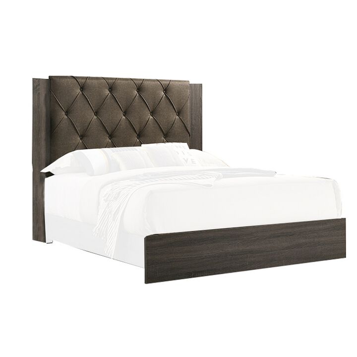 Wooden Queen Bed with Button Tufted Upholstered Headboard, Gray and Brown-Benzara