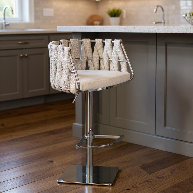 HomeRoots Off White and Silver Faux Leather Linen and Steel Low Back Adjustable Height Swivel Bar Chair image number 1