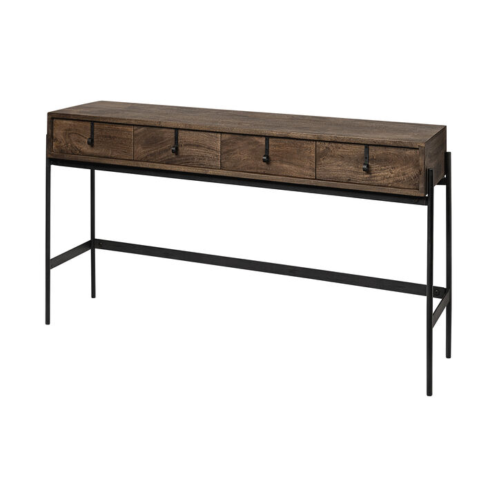 HomeRoots 56" Brown and Black Solid Wood and Metal Distressed Console Table With Four Drawers