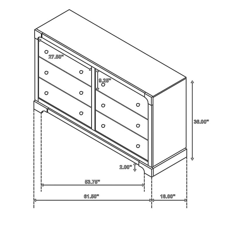 Seon Wide Dresser, 6 Drawers with Brass Knobs, Dark Cocoa Brown Wood - Benzara