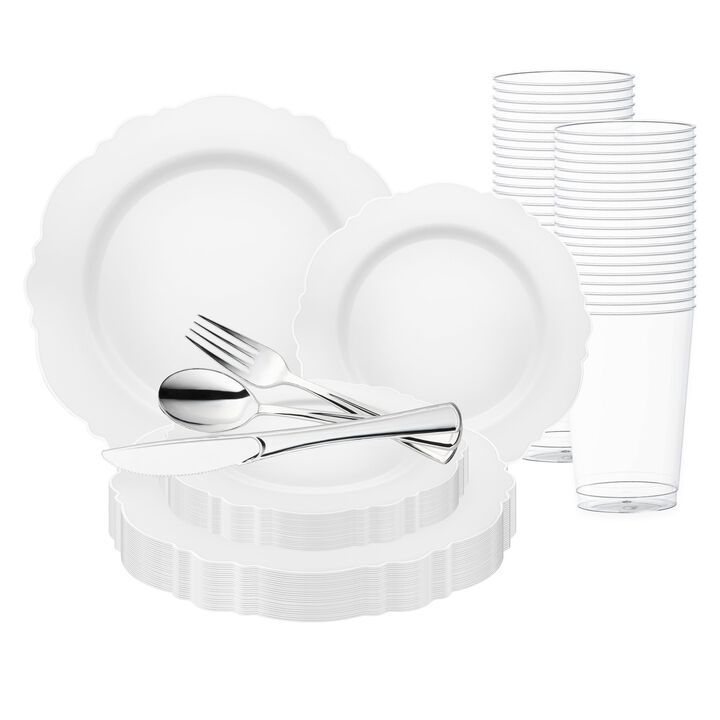 White with Silver Rim Round Blossom Plastic Wedding Value Set (30 Sets)