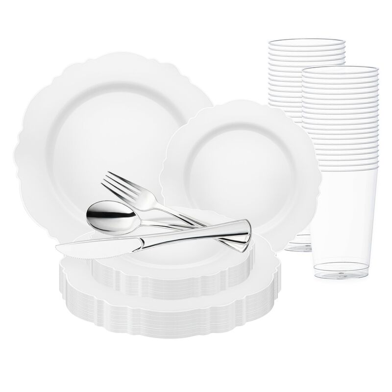 White with Silver Rim Round Blossom Plastic Wedding Value Set (30 Sets) image number 0