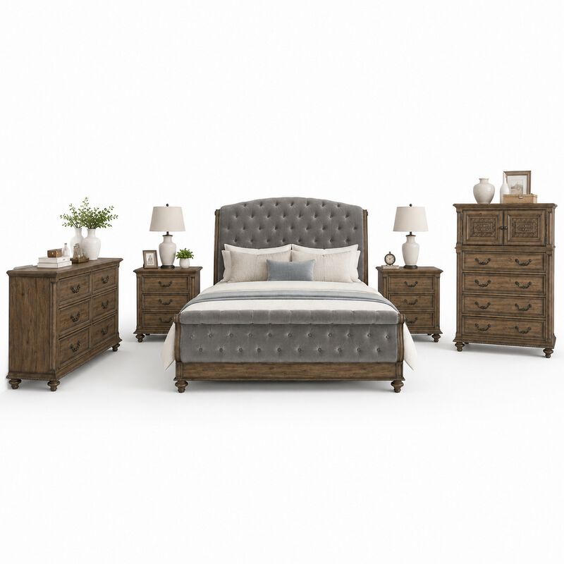 Queen Bedroom Set, Gray, Brown Wood, 5 Piece Set with 2 Nightstands, Dresser, and Chest image number 0