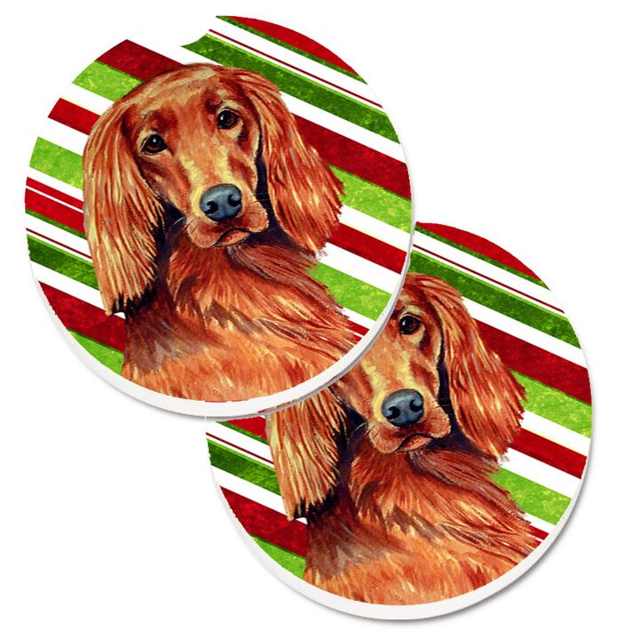 Caroline's Treasures Irish Setter Candy Cane Holiday Christmas Set of 2 Cup Holder Car Coasters LH9254CARC, 2.56, Multicolor