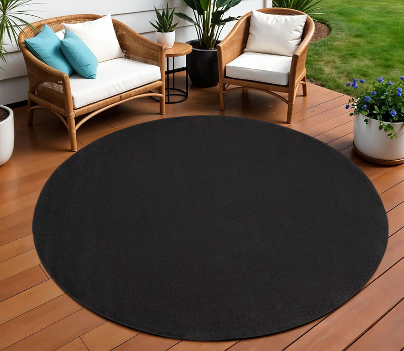 HomeRoots 10' Black And Ivory Round Indoor Outdoor Area Rug image number 1