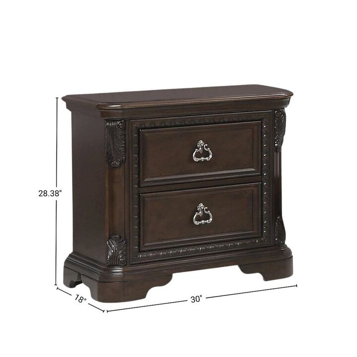 FurniFact 2 Drawer Cherry Nightstand, Dark Wood Bedside Table with Details