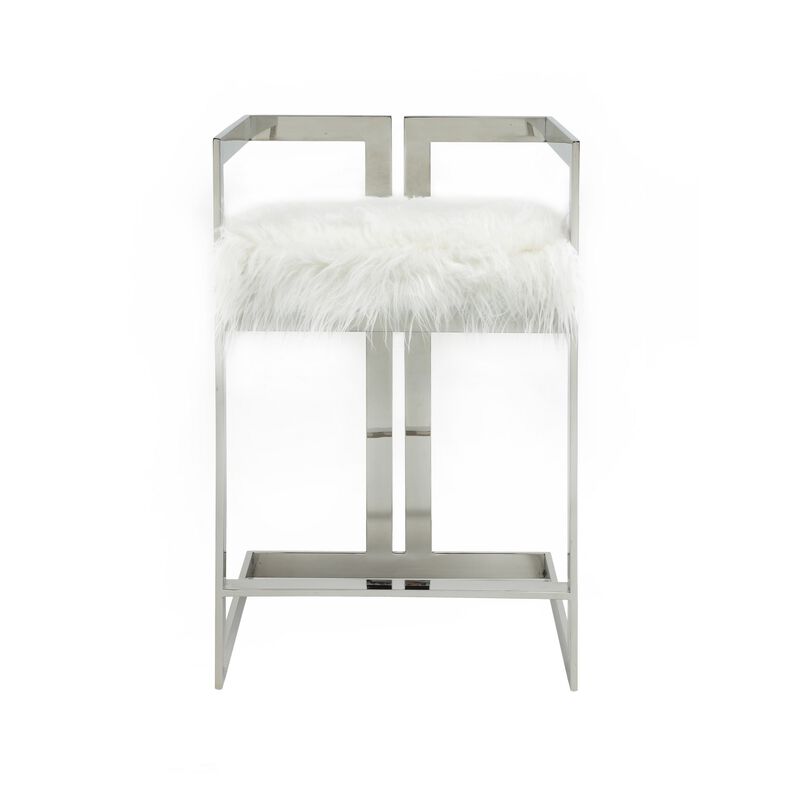 Suki 26 Inch Counter Stool Chair, White Faux Fur, Silver Stainless Steel - Benzara