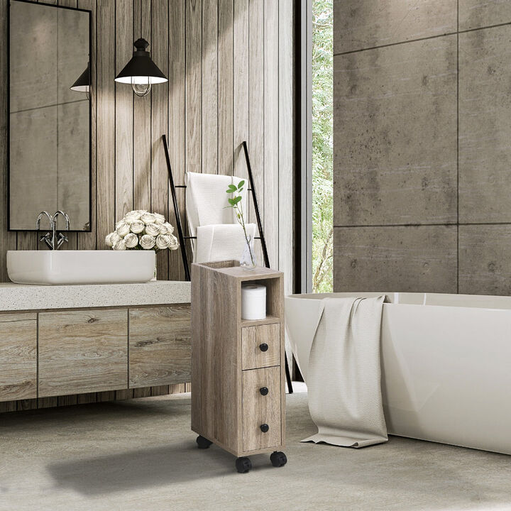 Oak Bathroom Storage: Compact Cabinet with Wheels and Multiple Compartments