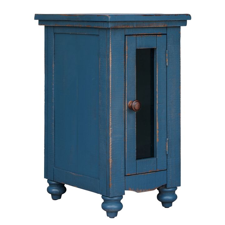 Genie 26 Inch Chairside Table, 1 Door, Turned Legs, Dark Blue Pine Wood-Benzara