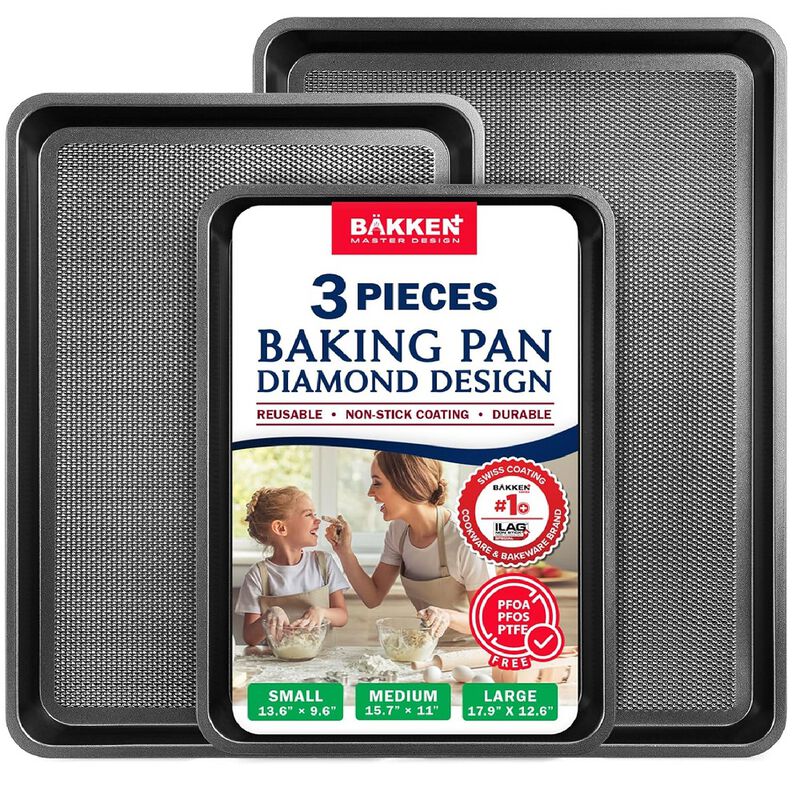 BAKKEN Kitchen Baking Pans - Small, Medium, and Large Cookie Pan (13.58&times;9.65, 15.75&times;11, 17.91&times;12.60), Nonstick, Diamond Texture Bottom