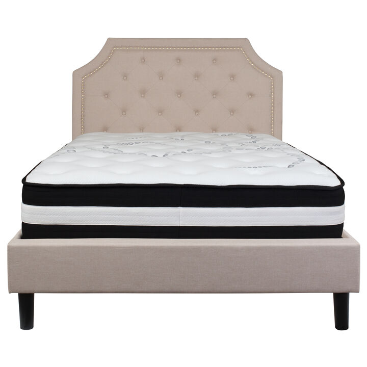 Roxbury King Size Tufted Upholstered Platform Bed in Beige Fabric with Pocket Spring Mattress