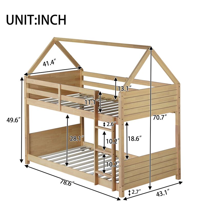 Whisen Twin Over Twin House Floor Bunk Bed with Headboards, Footboards, Guardrails and Ladder