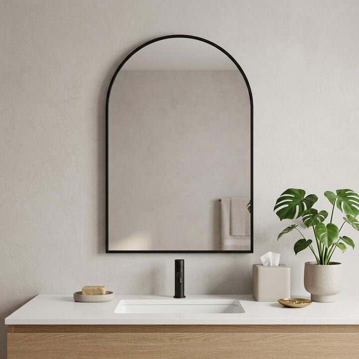 HomeRoots 30" Black Aluminum Arch Framed Anti Fog Accent Mirror