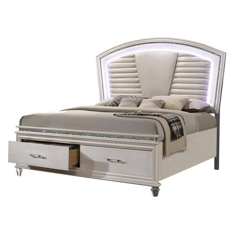 3pc King Bedroom Set, Pearl White, White, Clear, Silver Wood, 2 Nightstands image number 2