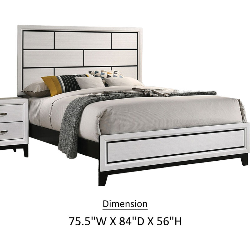 Erica King Size Bed, White and Black Wood Finish, Panel Style Headboard - Benzara