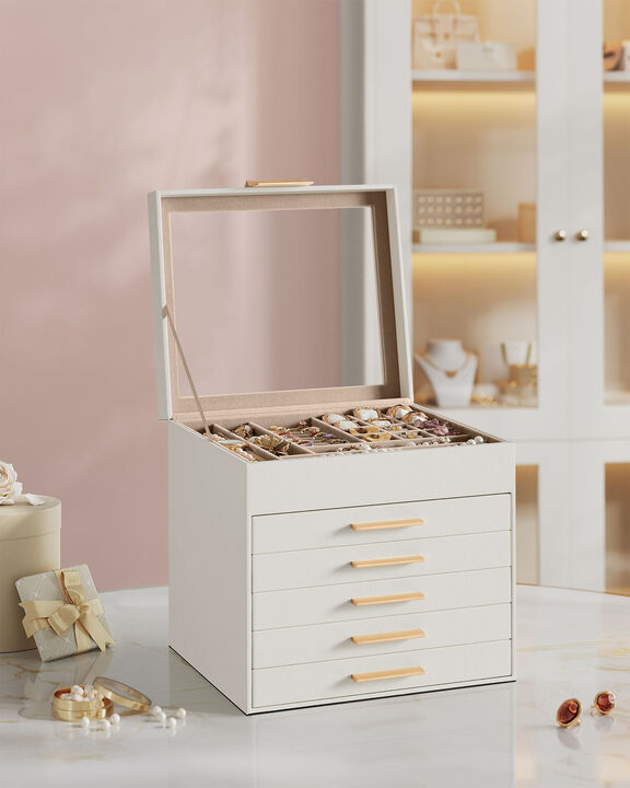 Elegant 6-Layer Jewelry Box with Glass Lid and 5 Drawers - Perfect Gift for Loved Ones