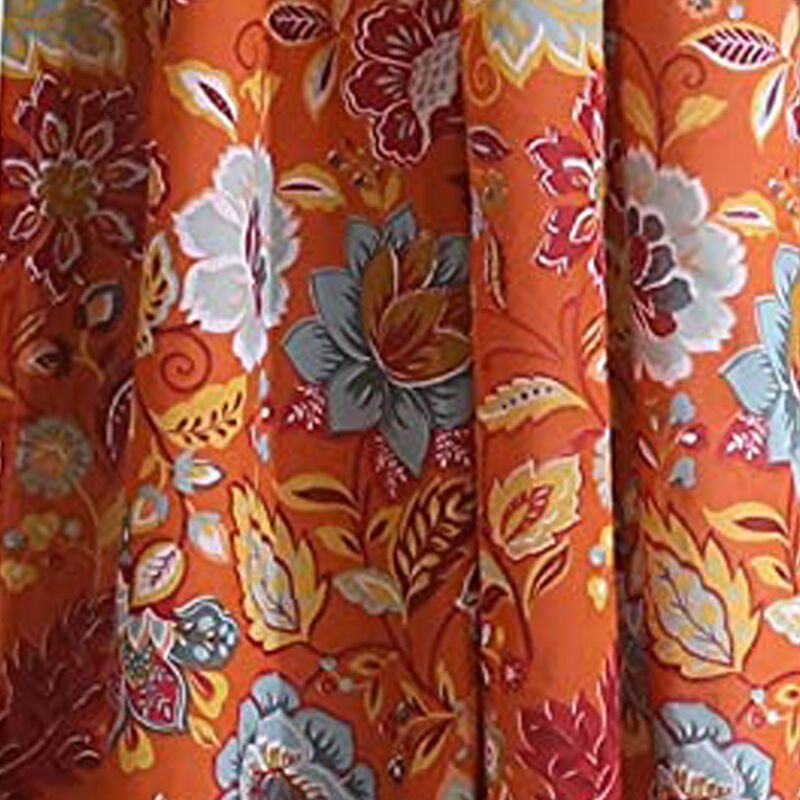 Paris 4 Piece Floral Print Fabric Curtain Panel with Ties, Orange - Benzara