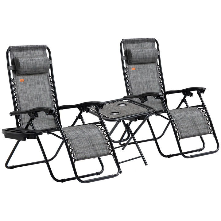 Outsunny Zero Gravity Chair Set with Side Table, Folding Reclining Chair with Cupholders & Pillows, Adjustable Lounge Chair for Pool, Backyard, Lawn, Beach, Gray