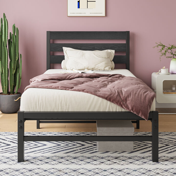 Metal Platform Bed Frame with Rustic Vintage Wood Headboard, No Box Spring Needed