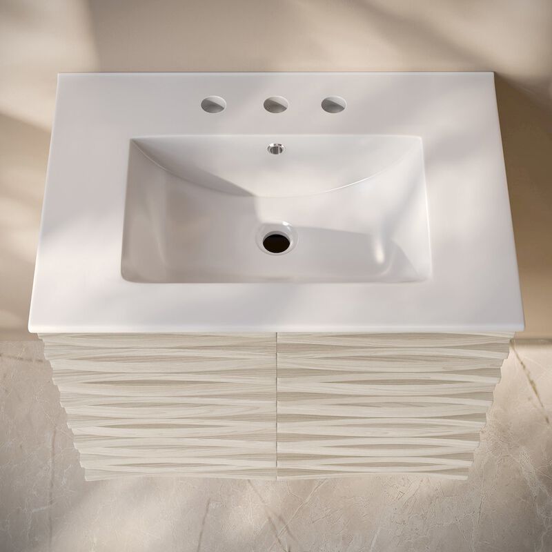 30" Wall-Mounted Bathroom Vanity in White Oak with 3-Hole Widespread Sink Top image number 2