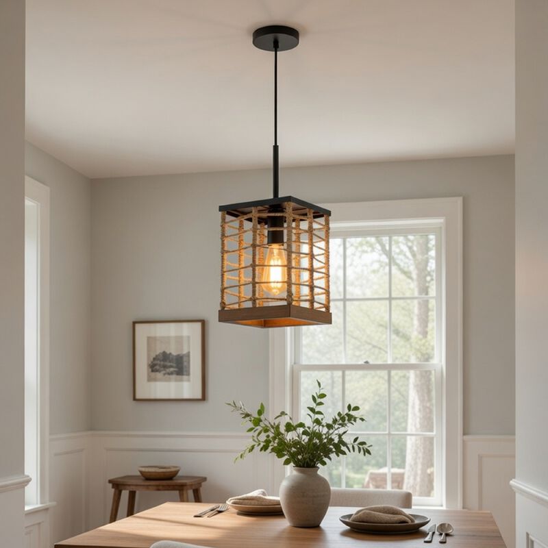 Pendant Light, Braided Burlap Shade, Square Caged Design, Black Metal image number 8