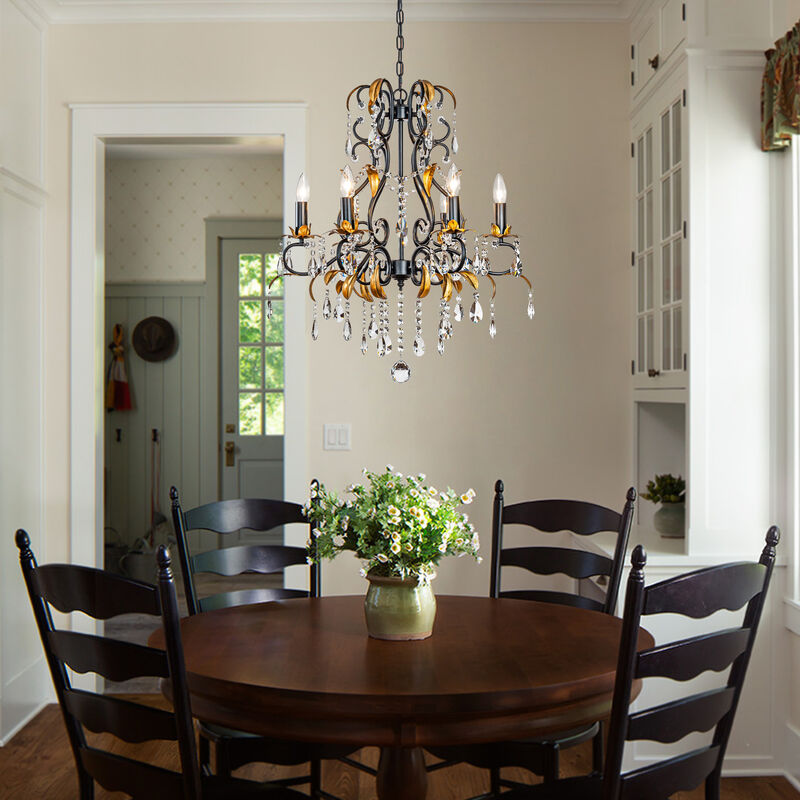 Mid-Century French Style 6-Light Crystal Chandelier in Matte Black and Antique Gold Finish For Versatile Interiors image number 2