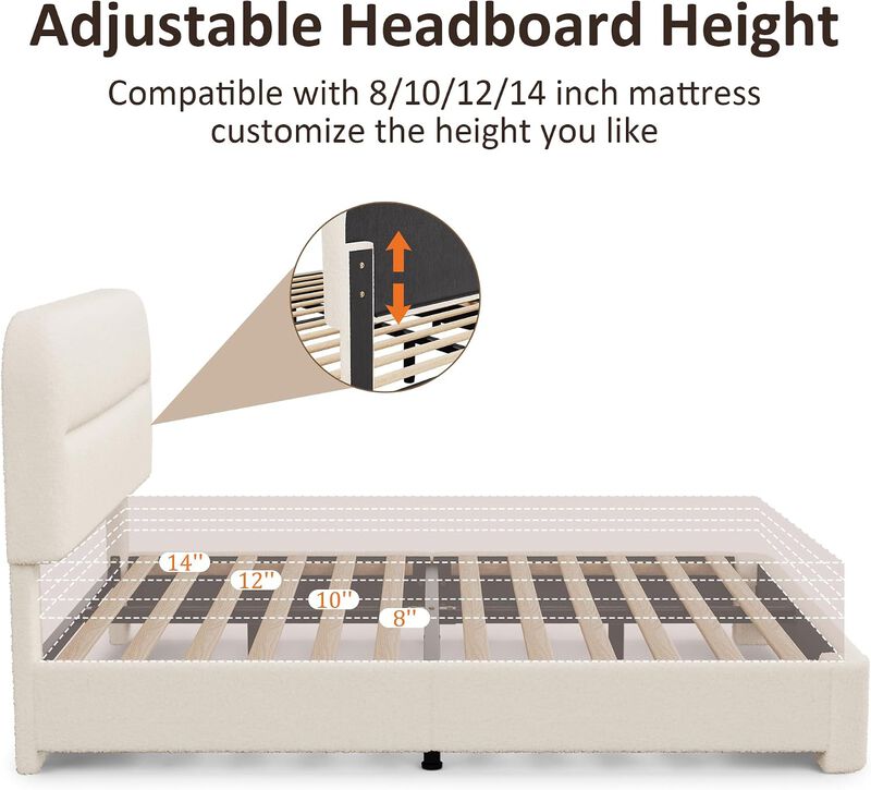 Vipbear Upholstered Boucle Platform Bed Frame with Adjustable Wide Headboard, Wooden Slats, Beige image number 6