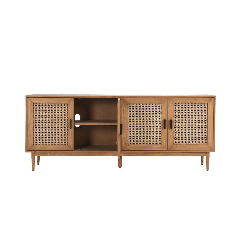 Evans 79 Inch Media Console TV Cabinet, Pinewood, 4 Doors, Natural Brown - Benzara