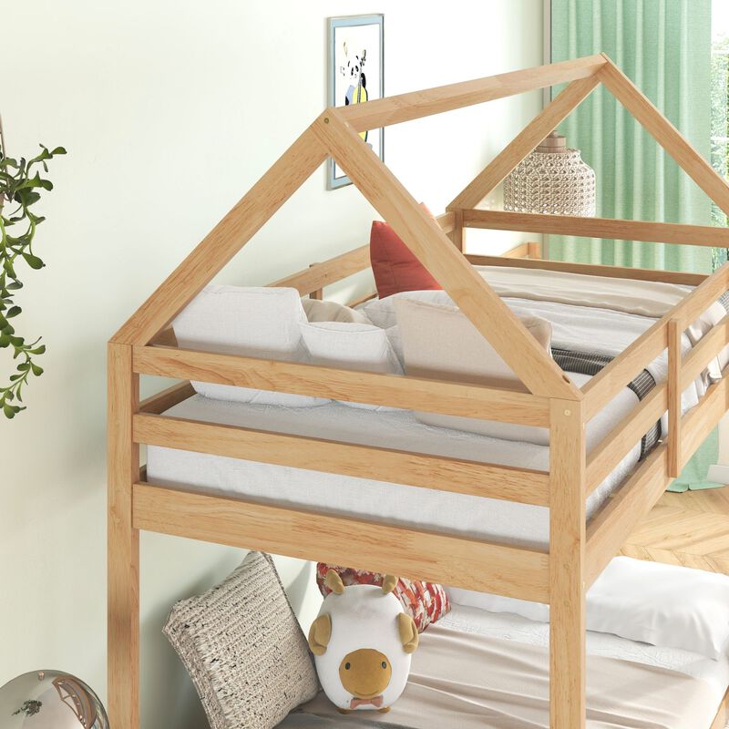 Whisen Twin over Twin Rubber Wood House-Shaped Floor Bunk Bed with ladder and Safety Guardrails - Gray