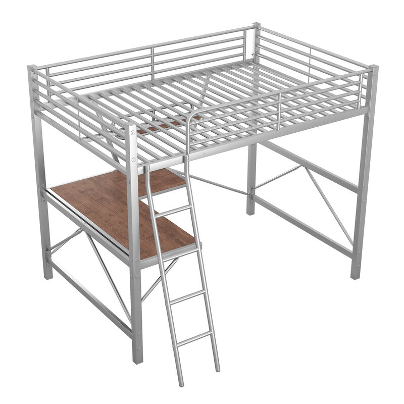 Whisen Modern Full Size Metal Loft Bed with Built-in Desk, Shelf and Ladder - Silver