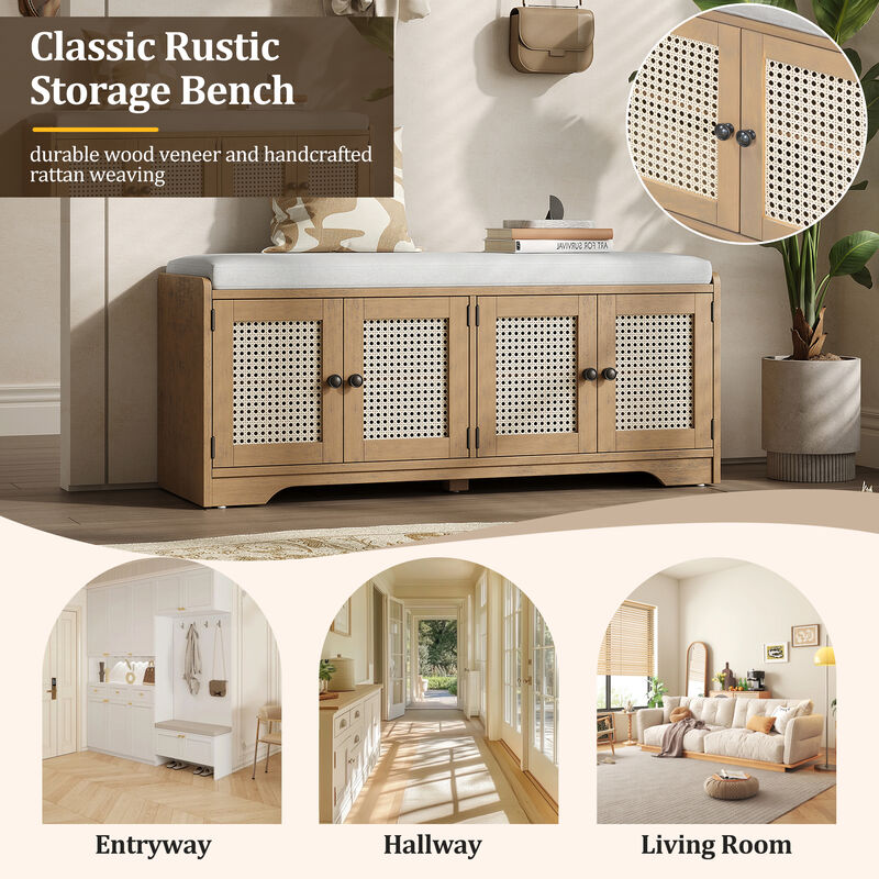 Merax Rustic Storage Bench with Woven Rattan Doors, 2 Adjustable Shelves image number 2