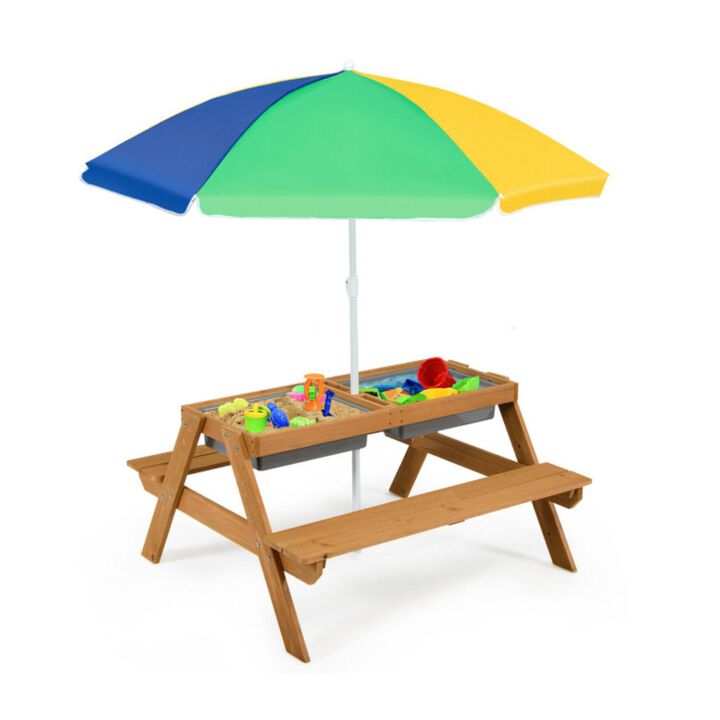 Hivvago 3-in-1 Kids Outdoor Picnic Water Sand Table with Umbrella Play Boxes - Yellow